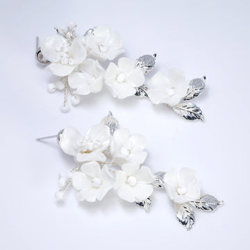 Swarovski Porcelain Ceramic White Sparkling Flower Crystal Magnolia Bridal Earrings, Long Bridal Jewelry, Statement Earrings Cz